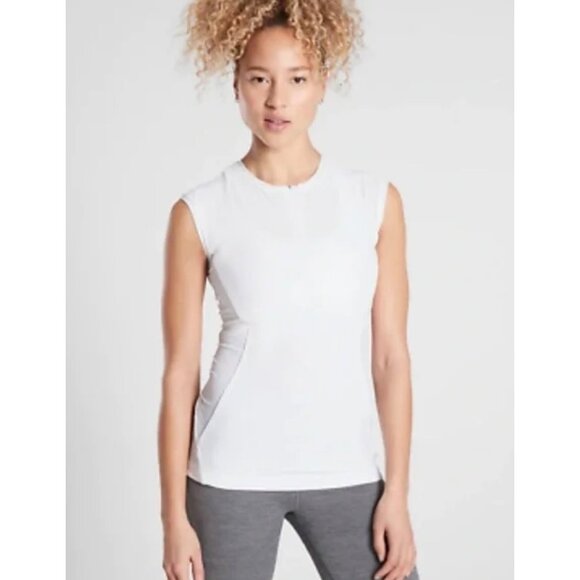 Athleta Tops - •SOLD•ATHLETA Bright White Cap Sleeve Perforated Pacifica II Zip-Neck Tank Top M